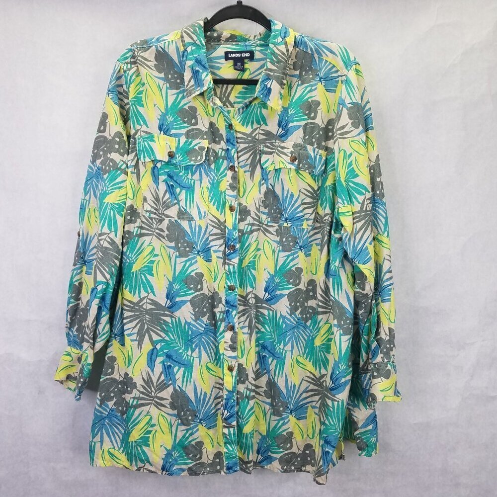 Lands' End Button Up Shirt Women 2X 20-22 Linen Roll Tab Sleeve Floral Leaf Flaw